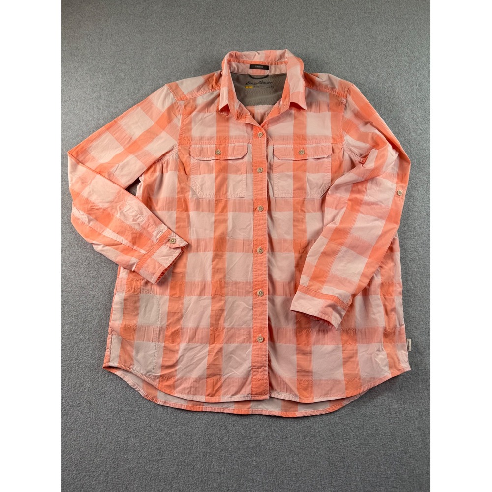 Eddie Bauer Travex Womens M Peach Plaid Roll Tab Button Down Shirt 21024221